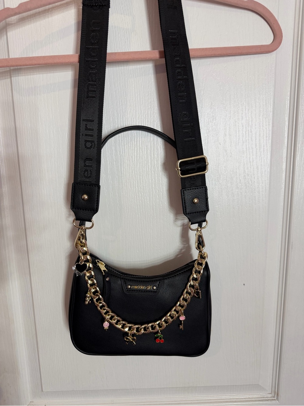 Madden Girl Black Shoulder Bag with Charm Chain & Crossbody Strap